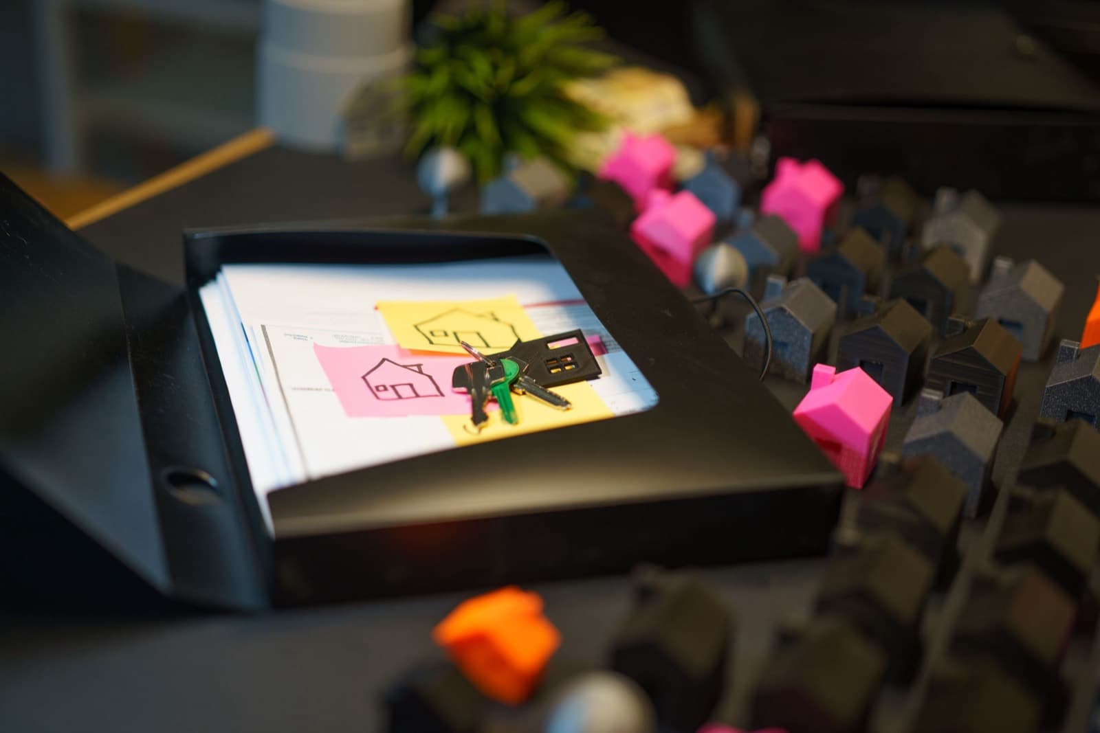 House keys resting on mortgage paperwork next to a model home