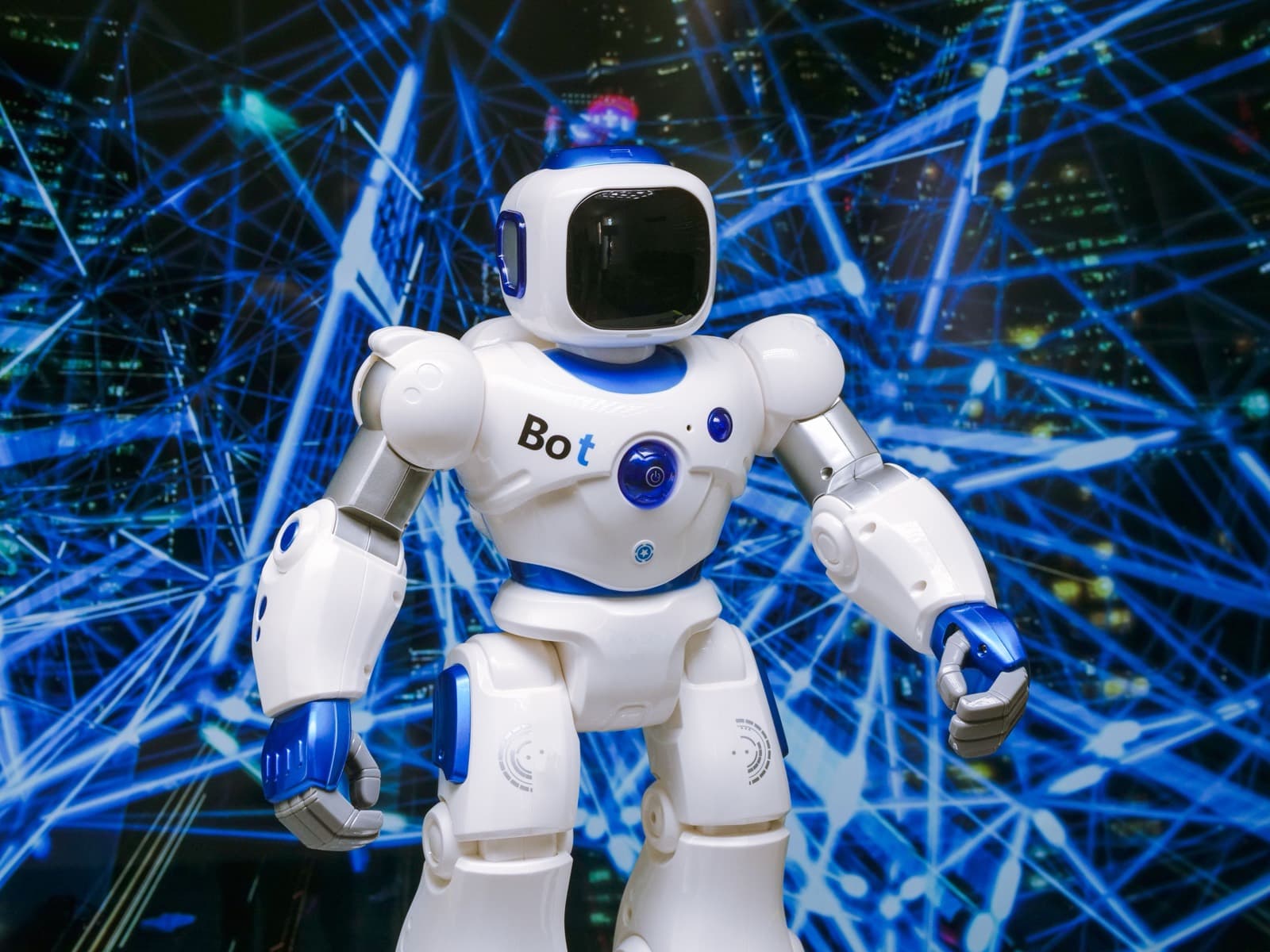 A humanoid robot representing an AI agent processing data